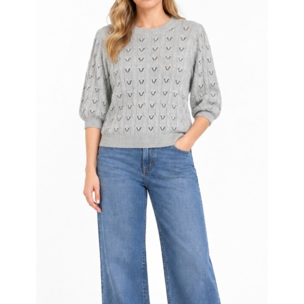 New LOFT Sweater Large Gray Eyelet Feminine Puff Sleeve Pullover